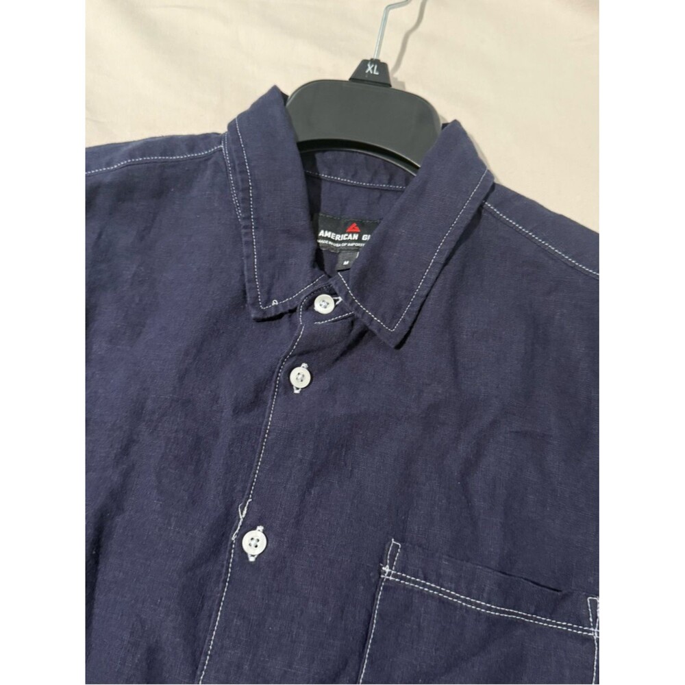 American Giant Men’s Mavy Blue Short Sleeve Linen Button Down Shirt Pocket Sz M